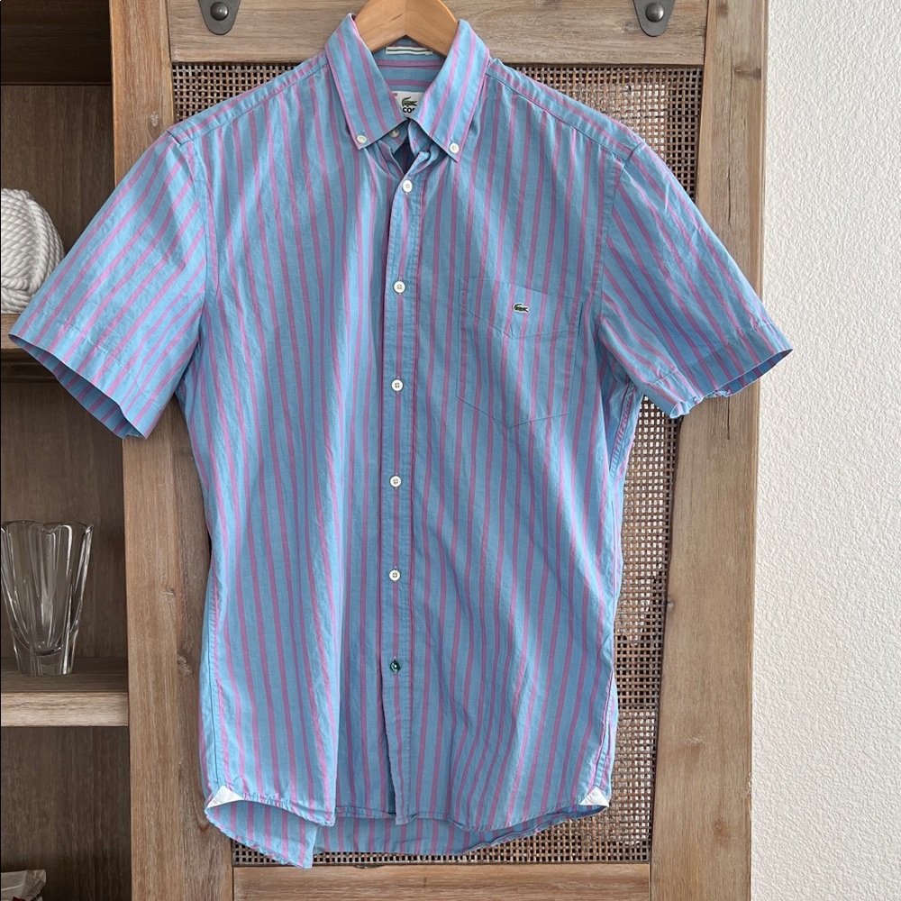 Lacoste Men's Blue and Pink Striped Button down Shirt